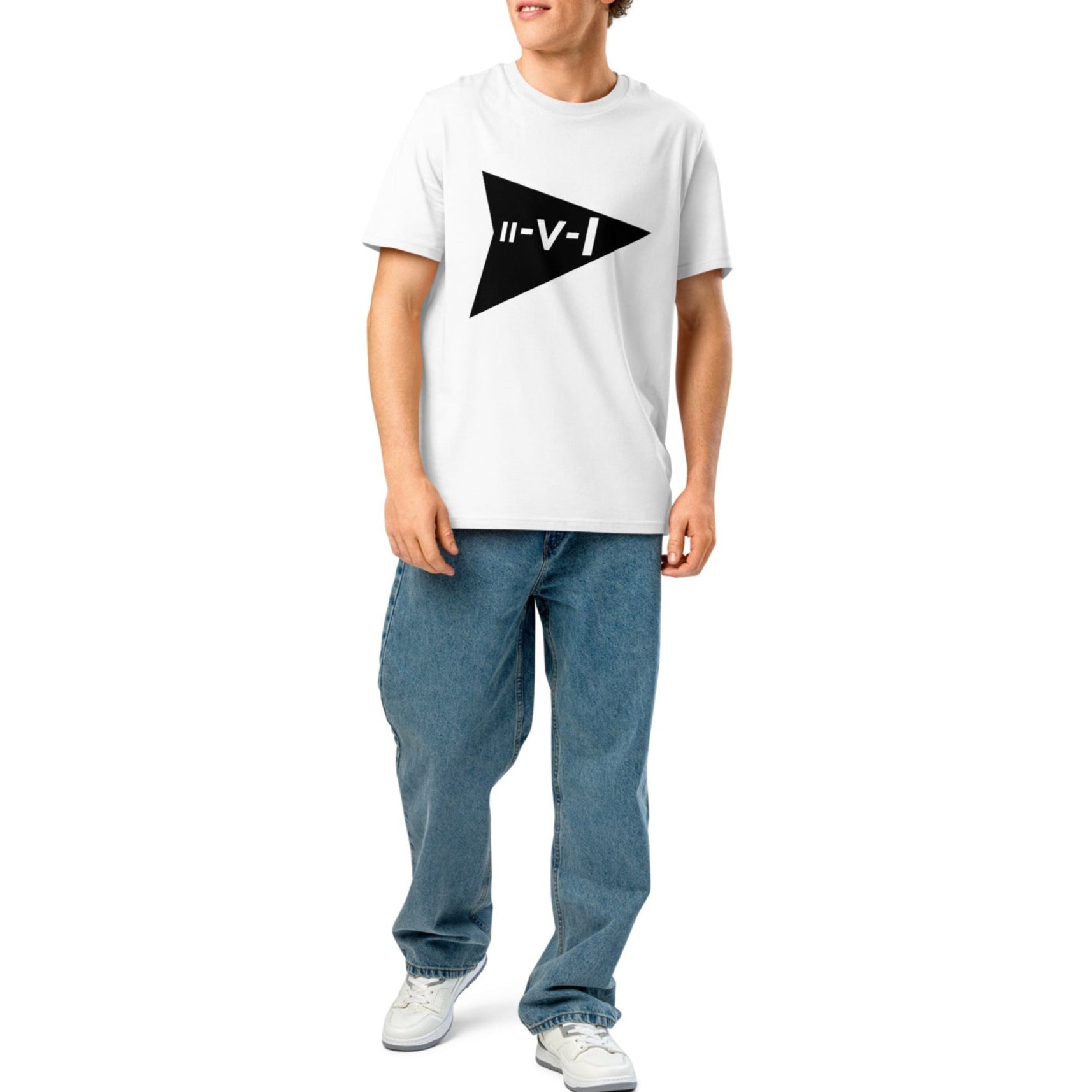 The II-V-I Progression tee in black, worn by a model to show its classic regular fit