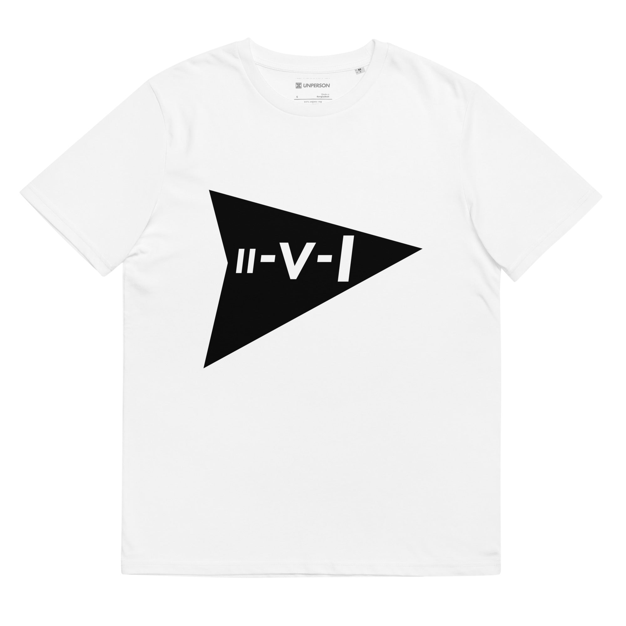 The II-V-I Progression tee in white featuring a minimalist triangle design with typographic