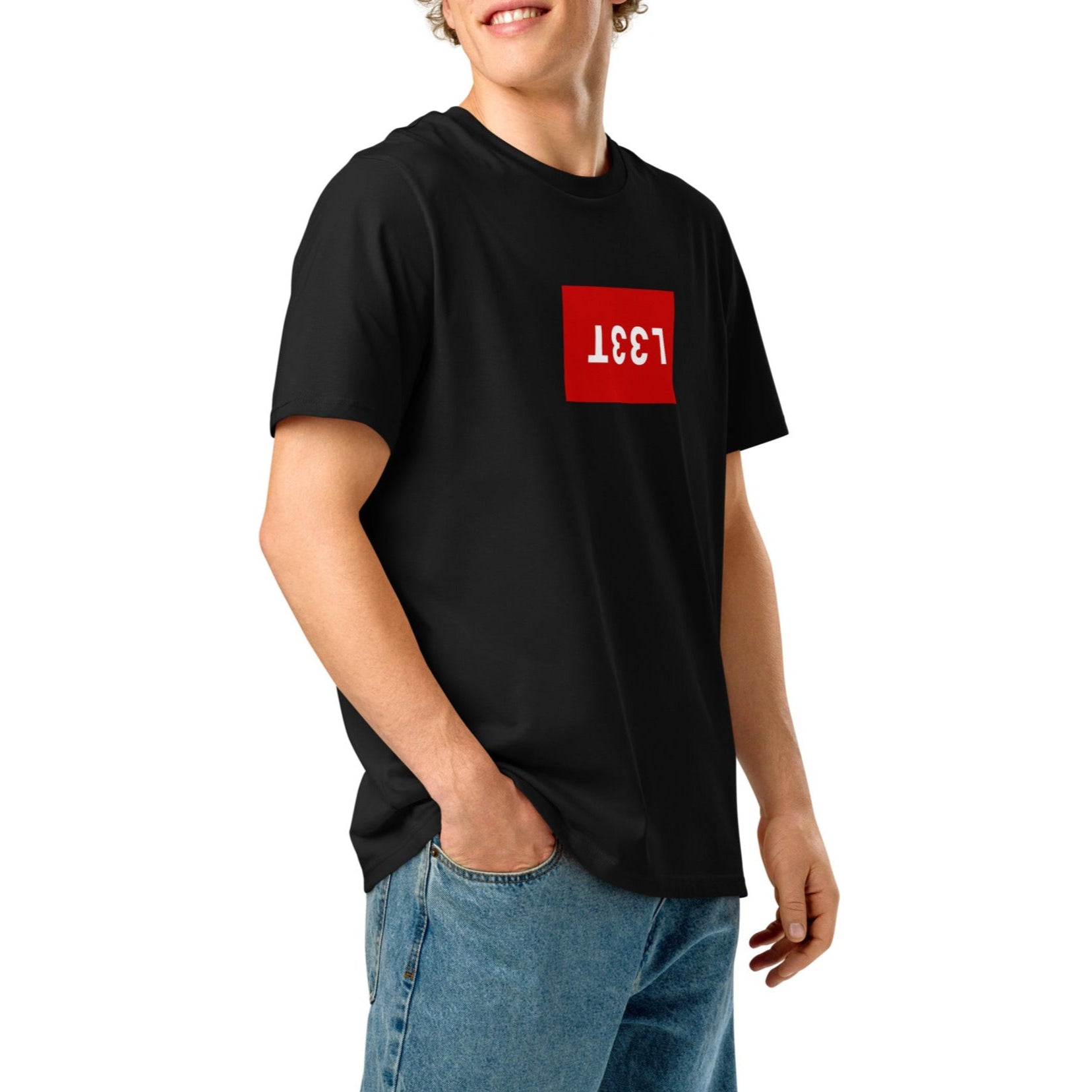 The L33T Box tee in black, worn by a model to show its classic regular fit