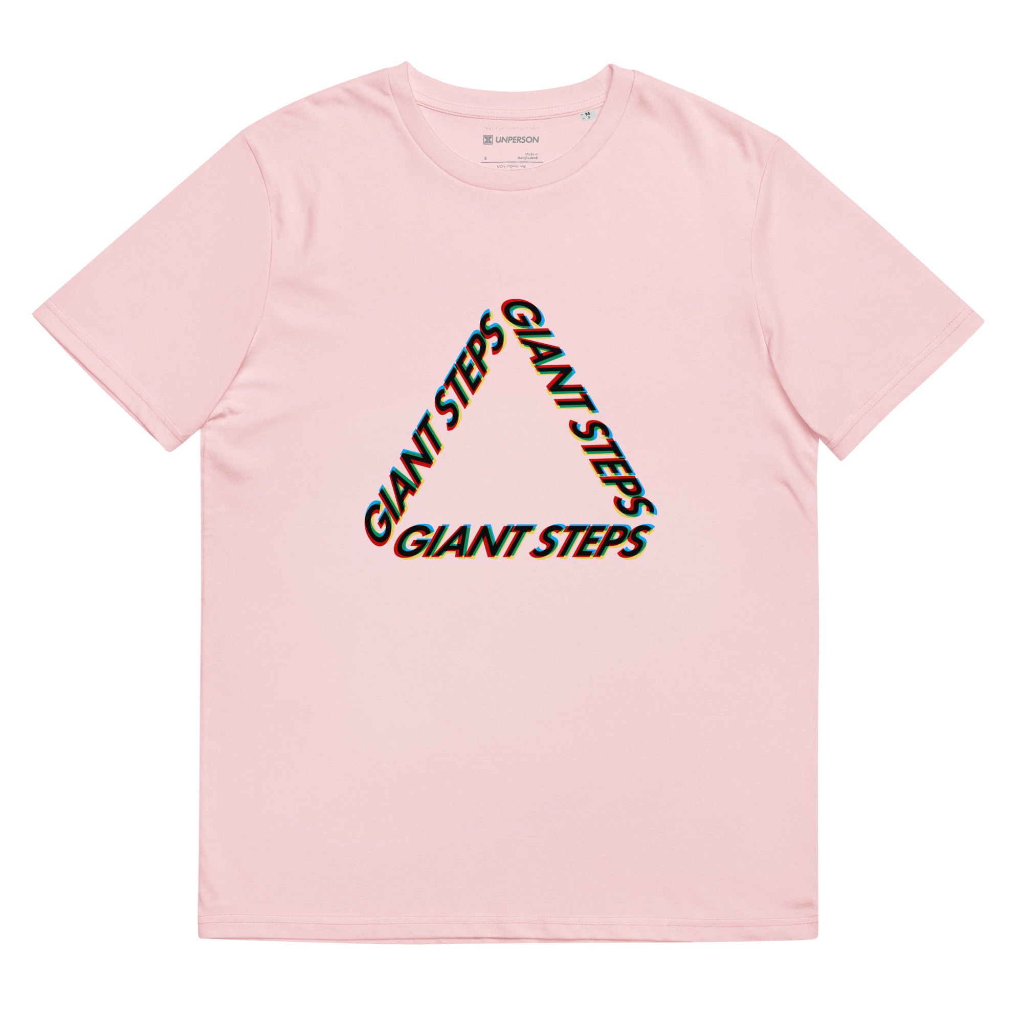 The Changes tee in pink featuring typography art arranged in triangle with multiple colors