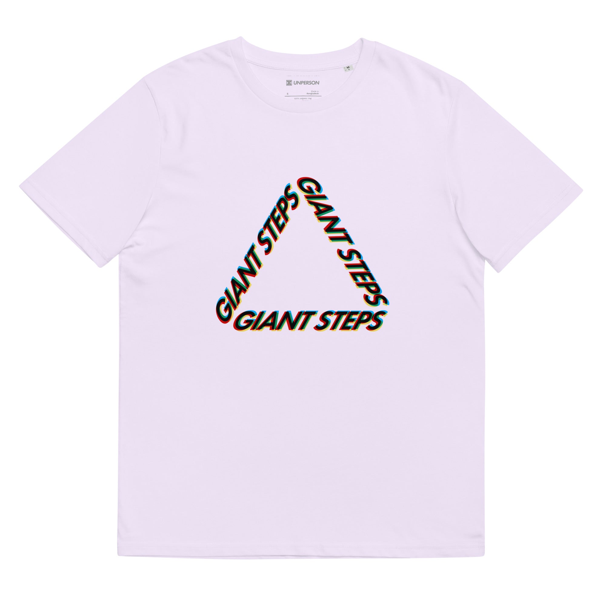 The Changes tee in purple featuring typography art arranged in triangle with multiple colors