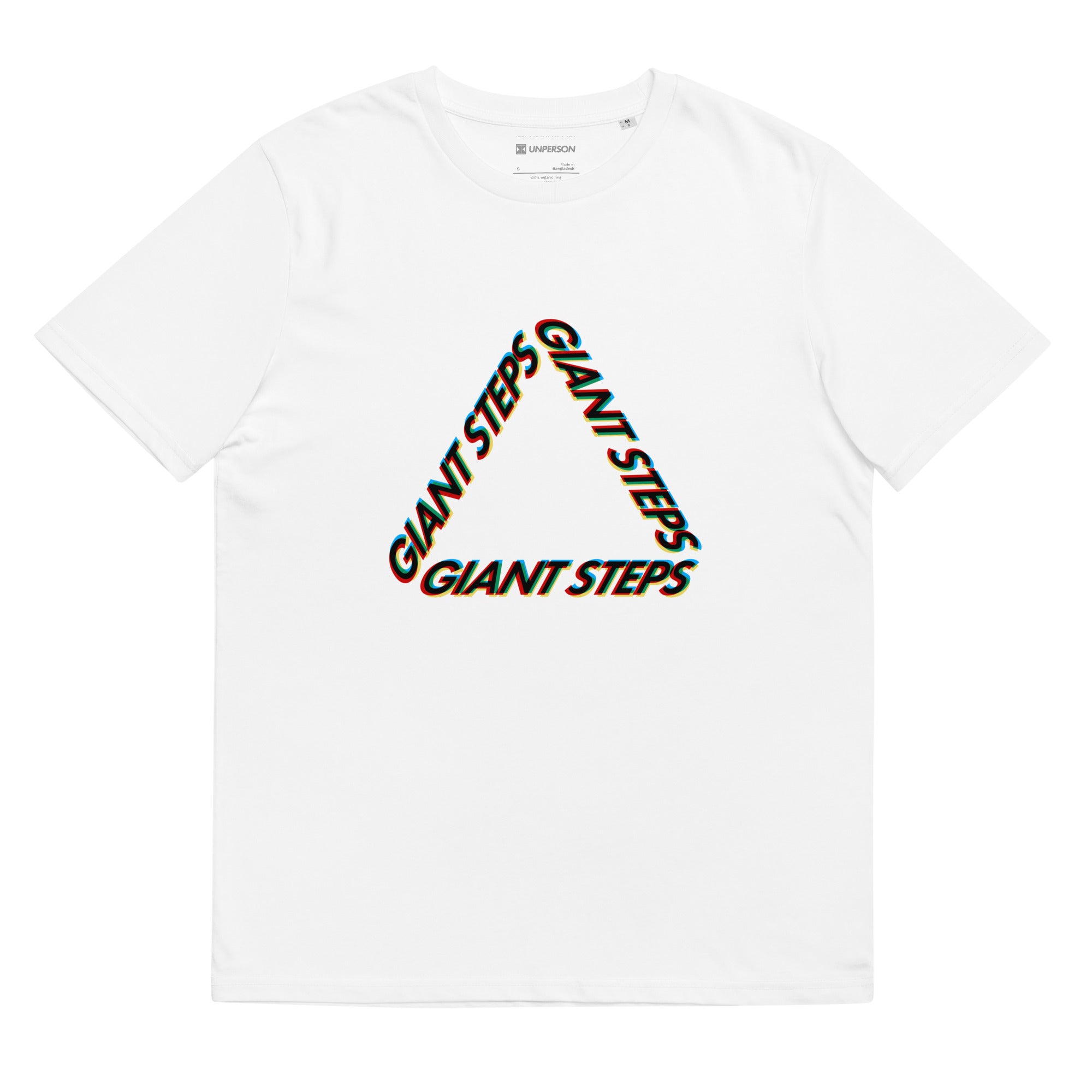 The Changes tee in white featuring typography art arranged in triangle with multiple colors