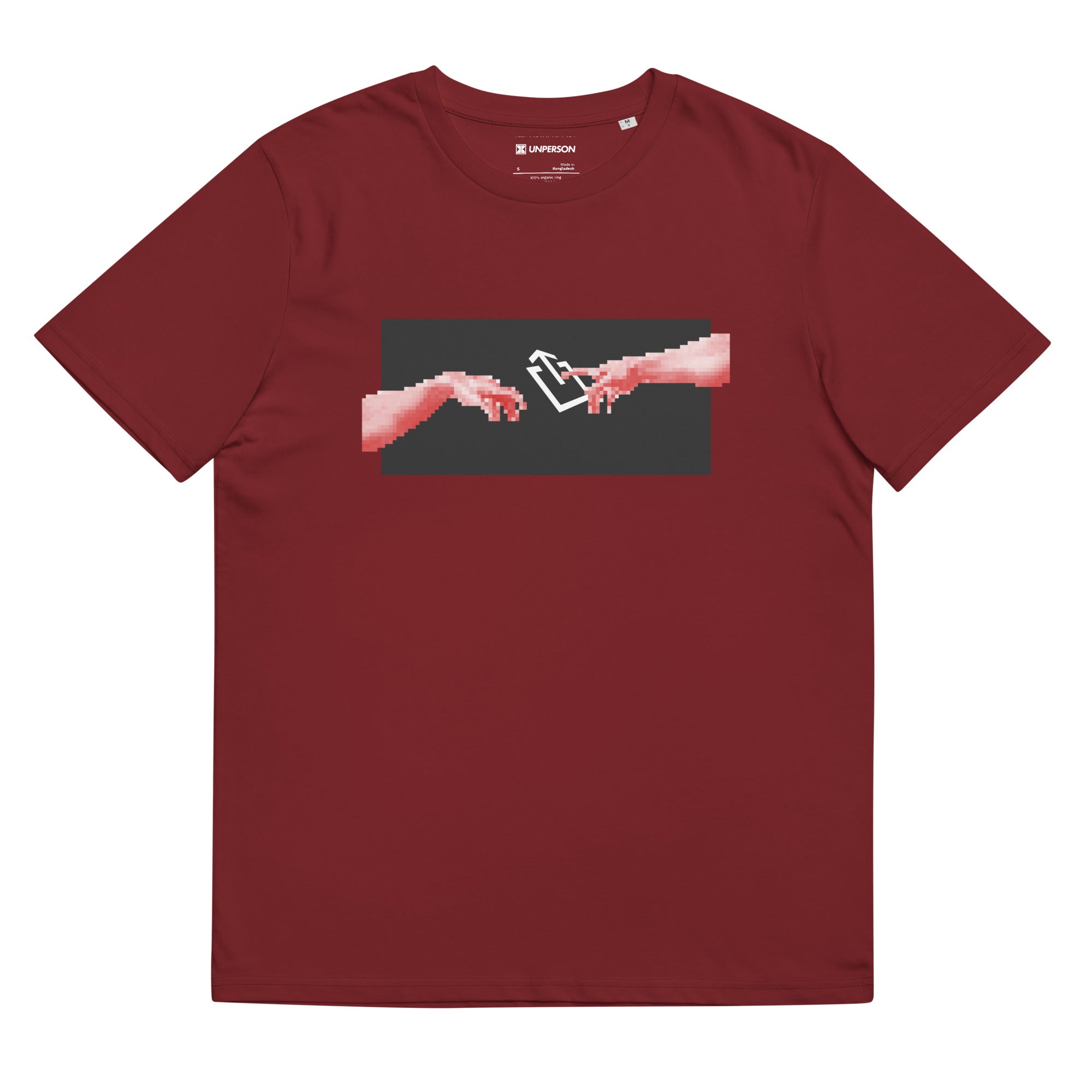 The Creation tee in maroon red featuring pixel art and icon