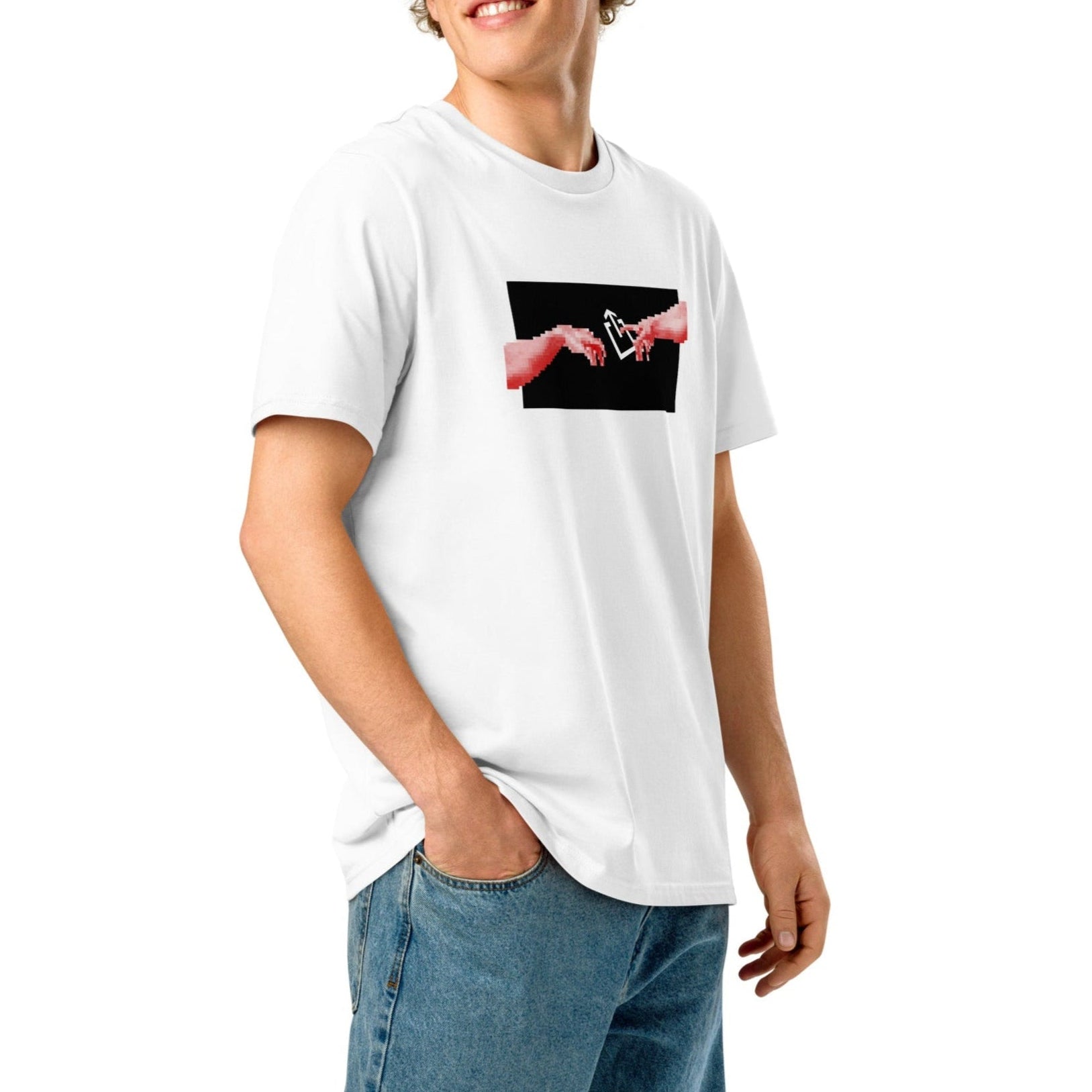 The creation tee in white, worn by a model to show its classic regular fit