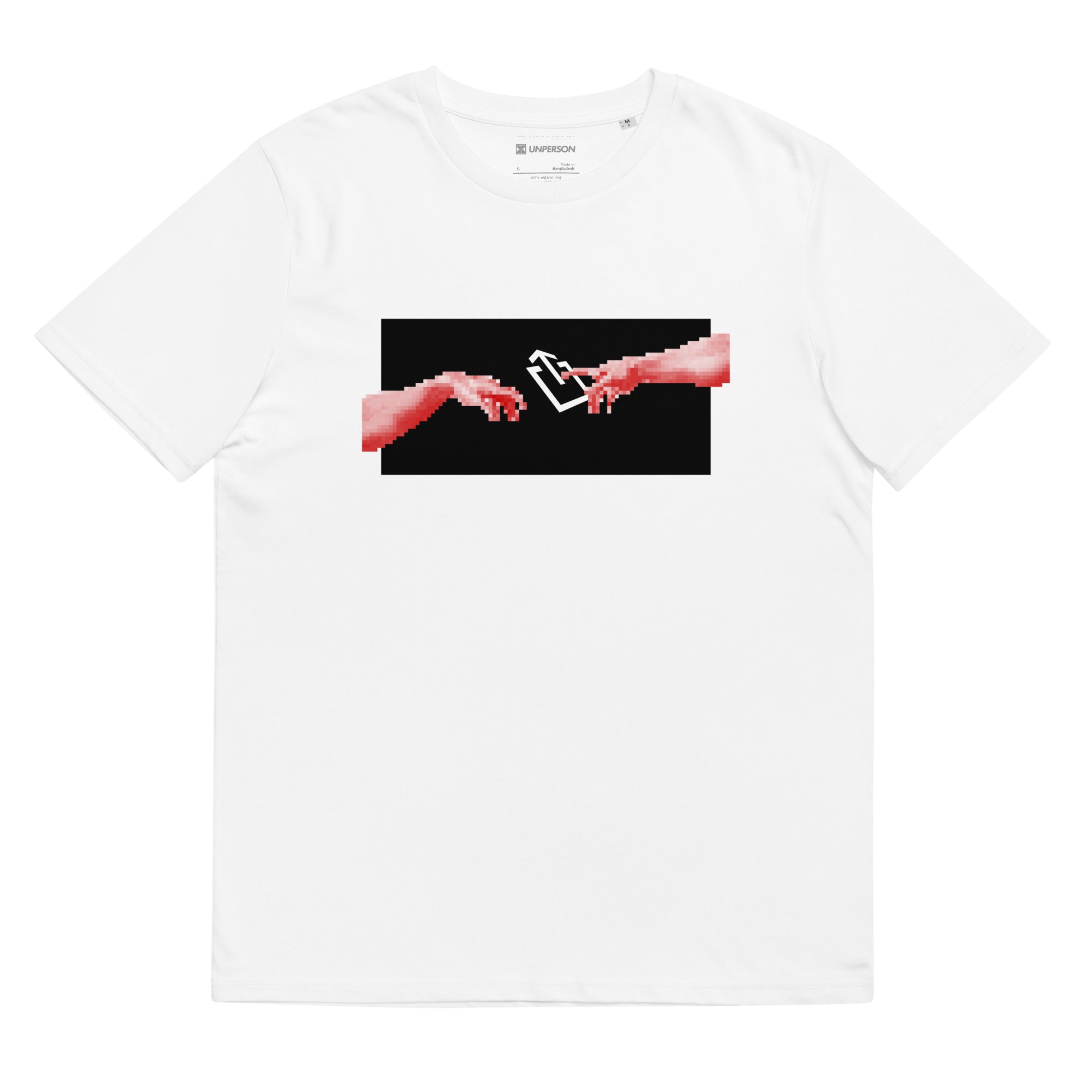 The Creation tee in white featuring pixel art and icon