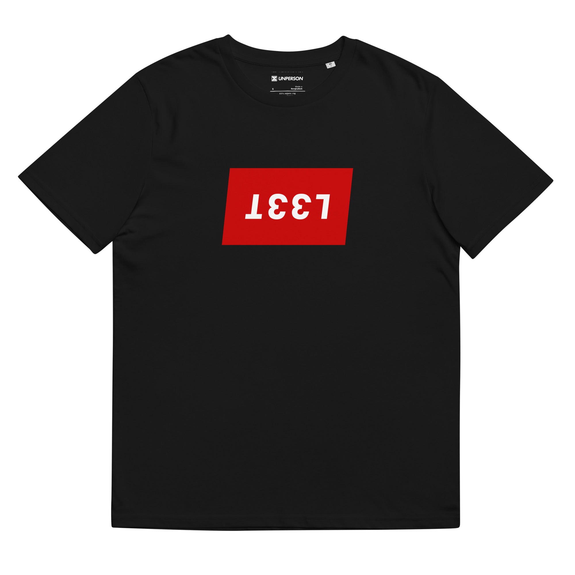 The L33T Box tee in black featuring the upside down L33T in a red background
