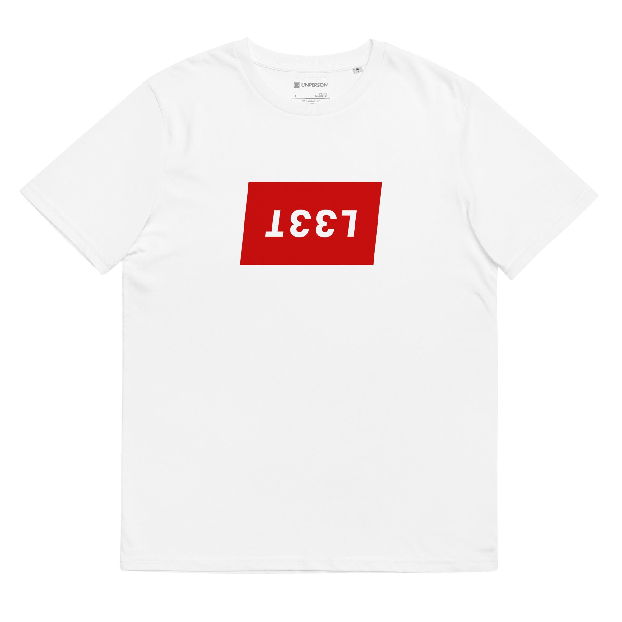 The L33T Box tee in white featuring the upside down L33T in a red background