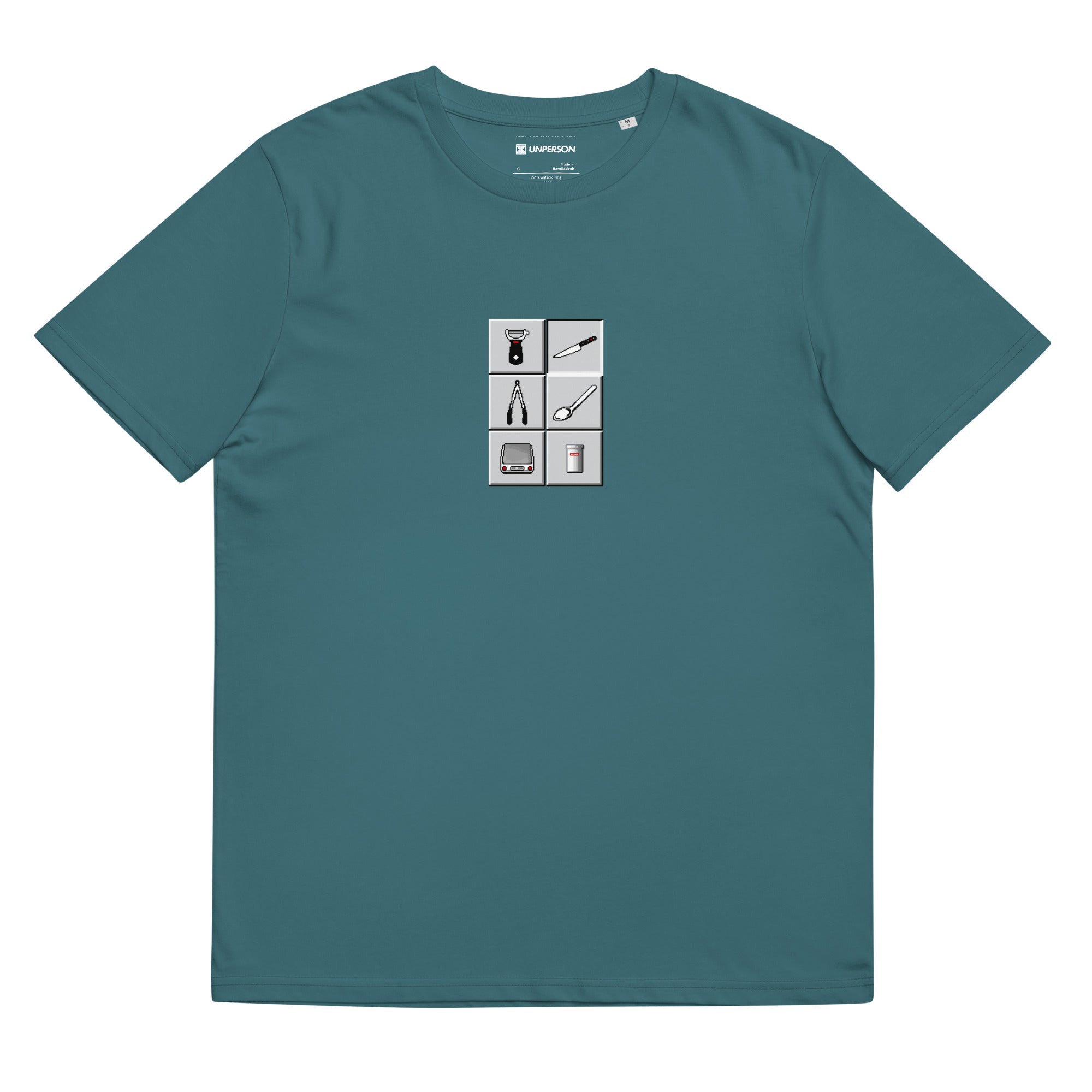 The Mise en Place Toolbar Tee in dark cyan featuring a pixelated kitchen tools graphic in a toolbar layout 