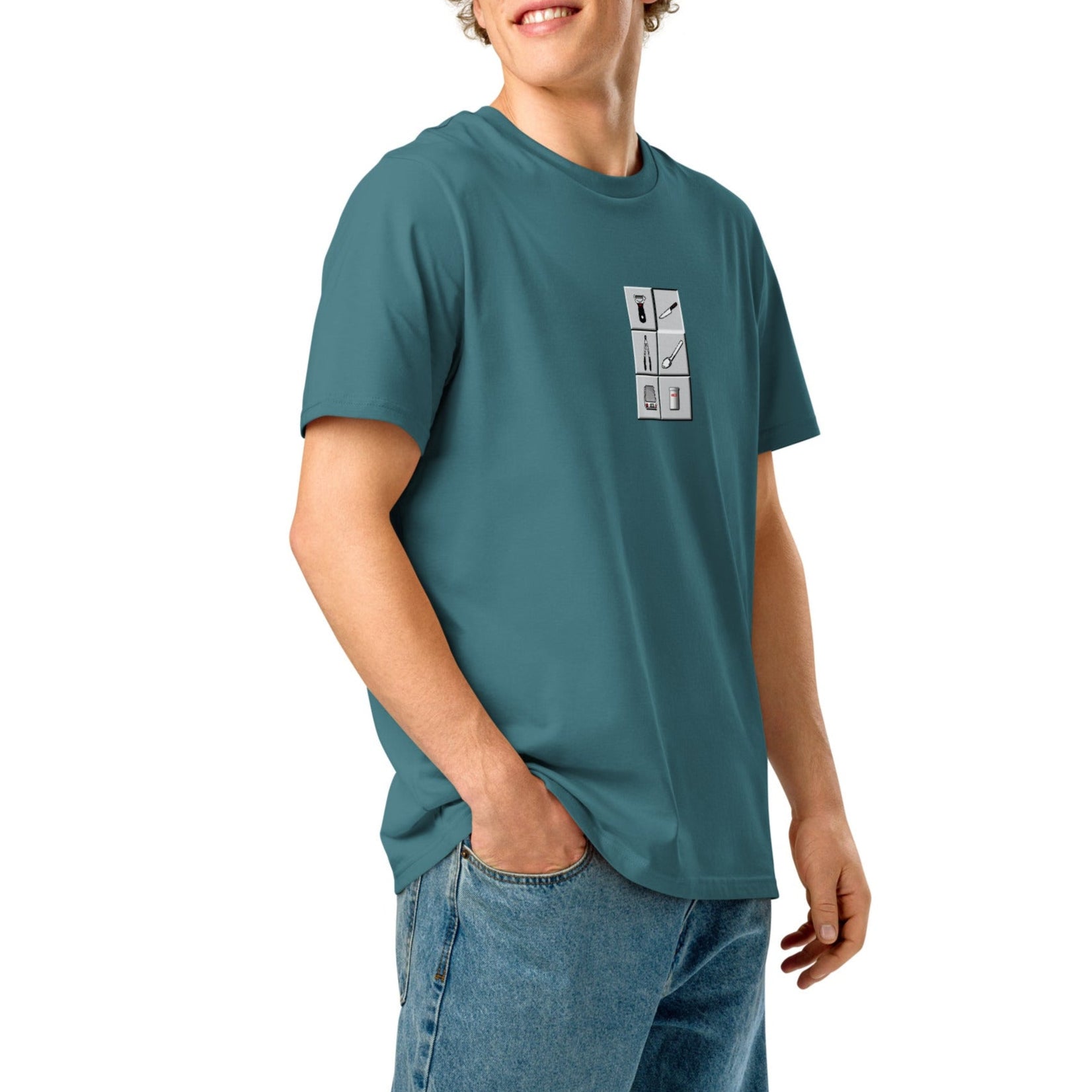 The Mise en Place toolbar tee in dark cyan, worn by a model to show its classic regular fit.