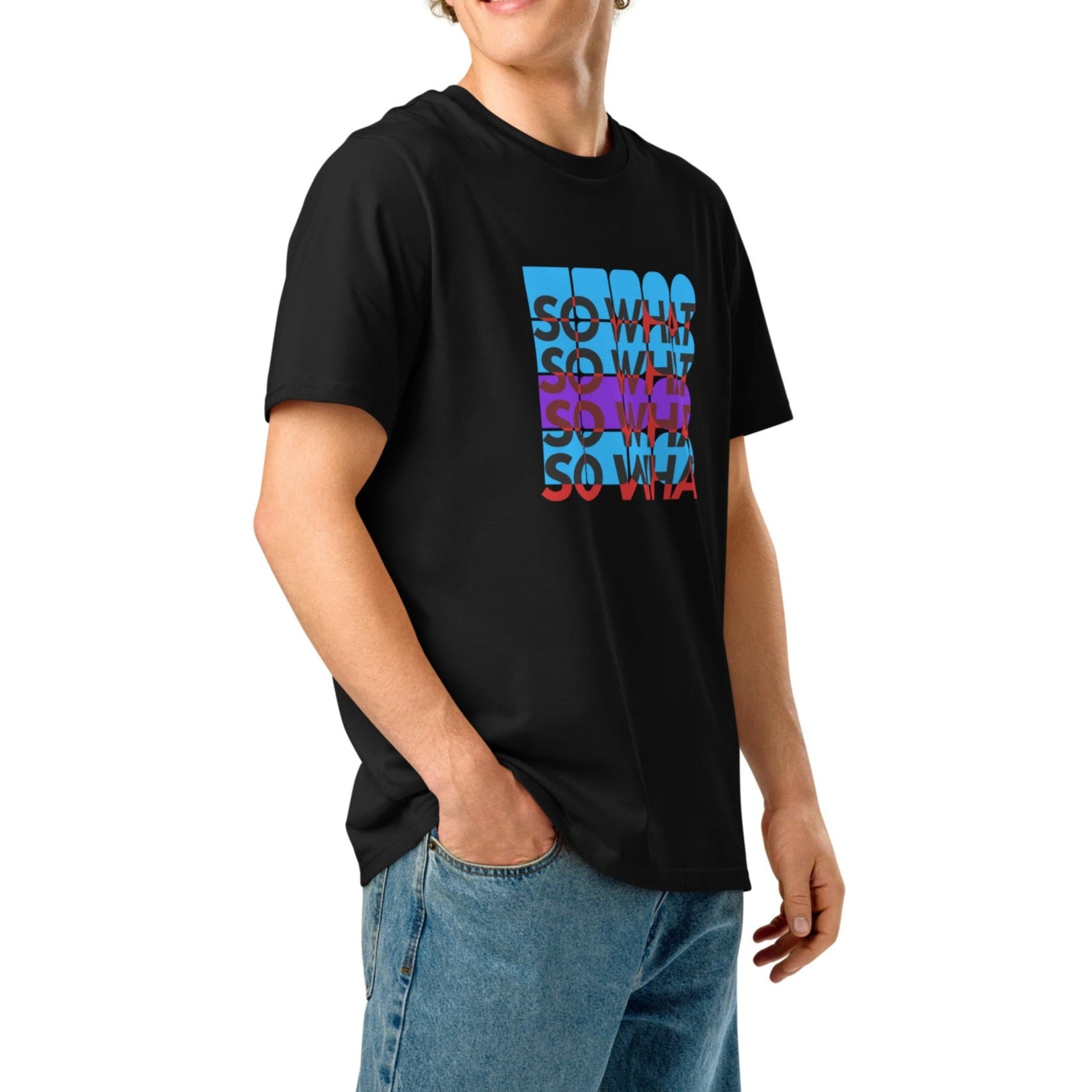 The modal form tee in black, worn by a model to show its classic regular fit