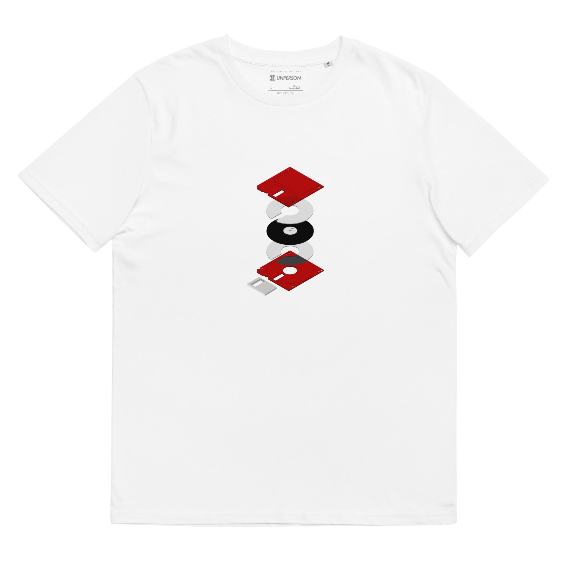 The OG Memory tee in white featuring a graphic of the diskette and its components