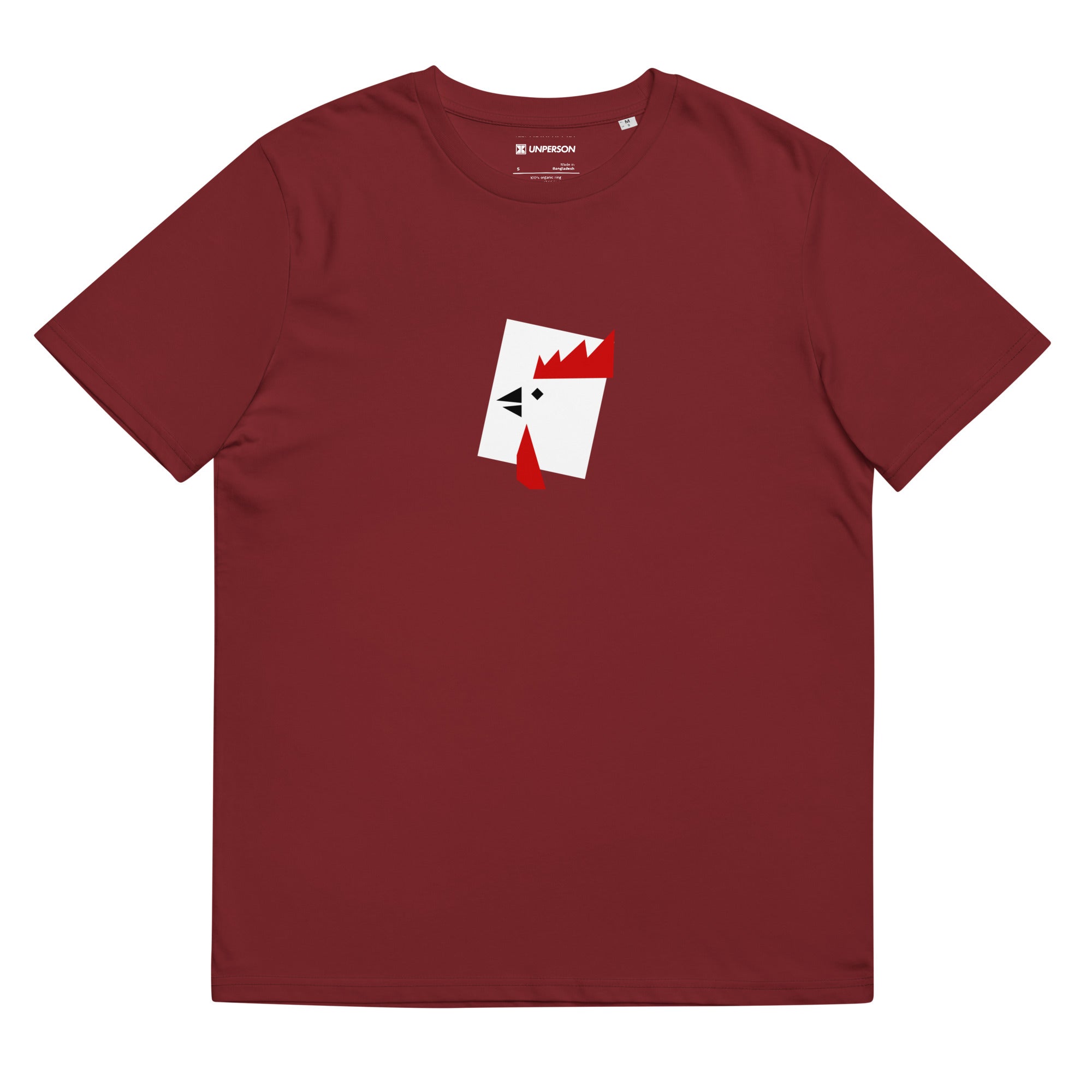 The Rooster Bowl Tee in red featuring a minimalist geometric graphic of the rooster