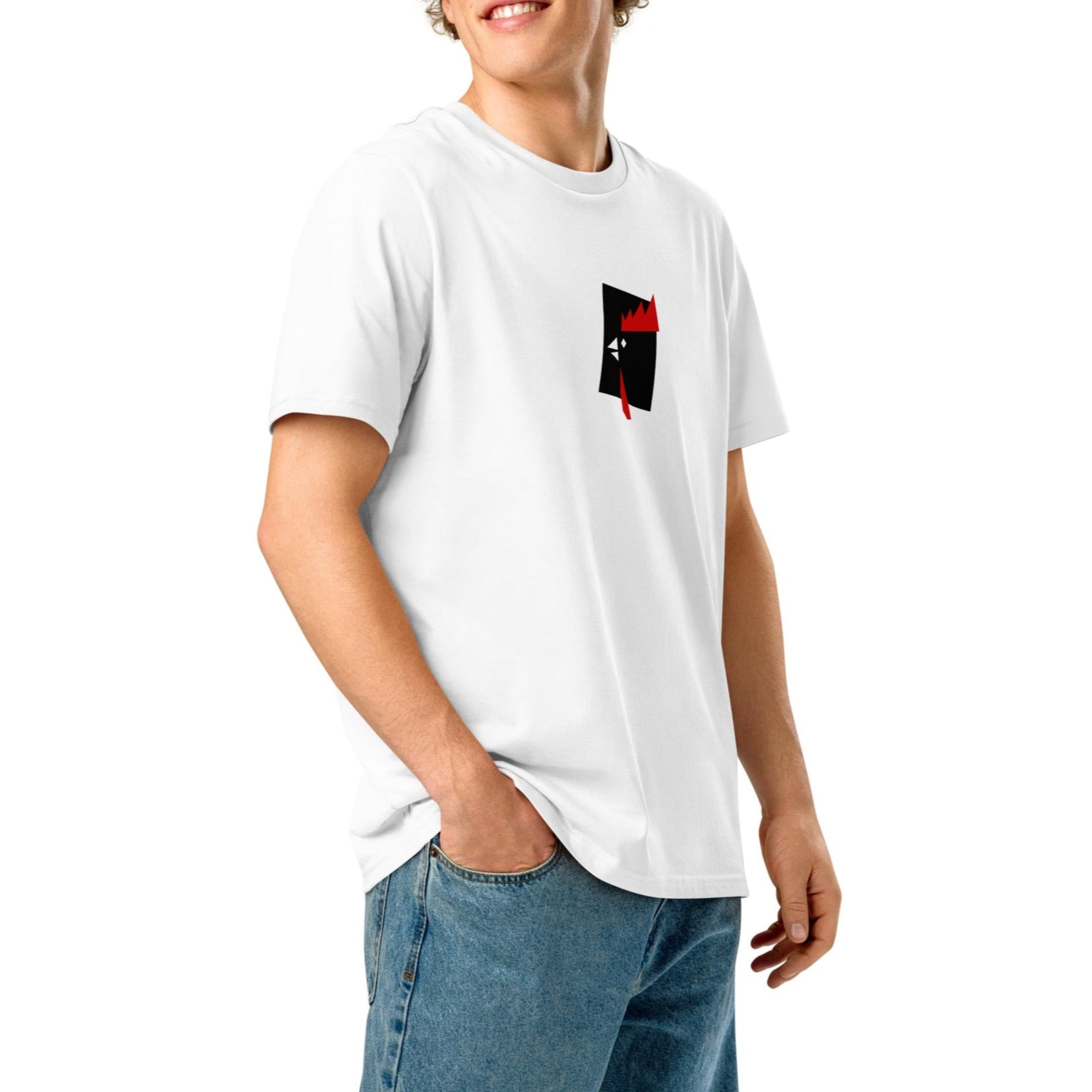 The Rooster Bowl tee in white, worn by a model to show its classic regular fit