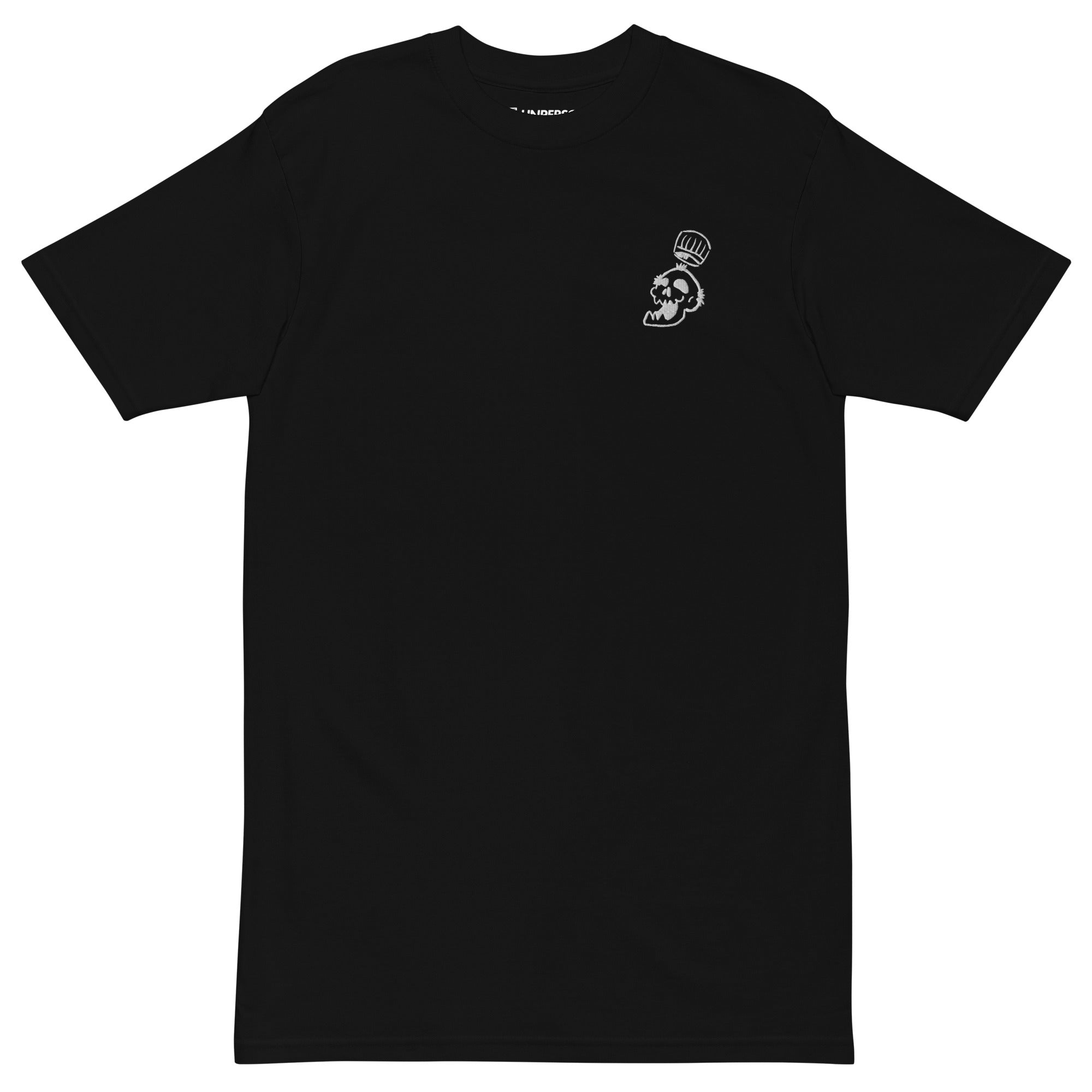 The Service Skull Tee in black, showing the high-density white embroidery on the chest.