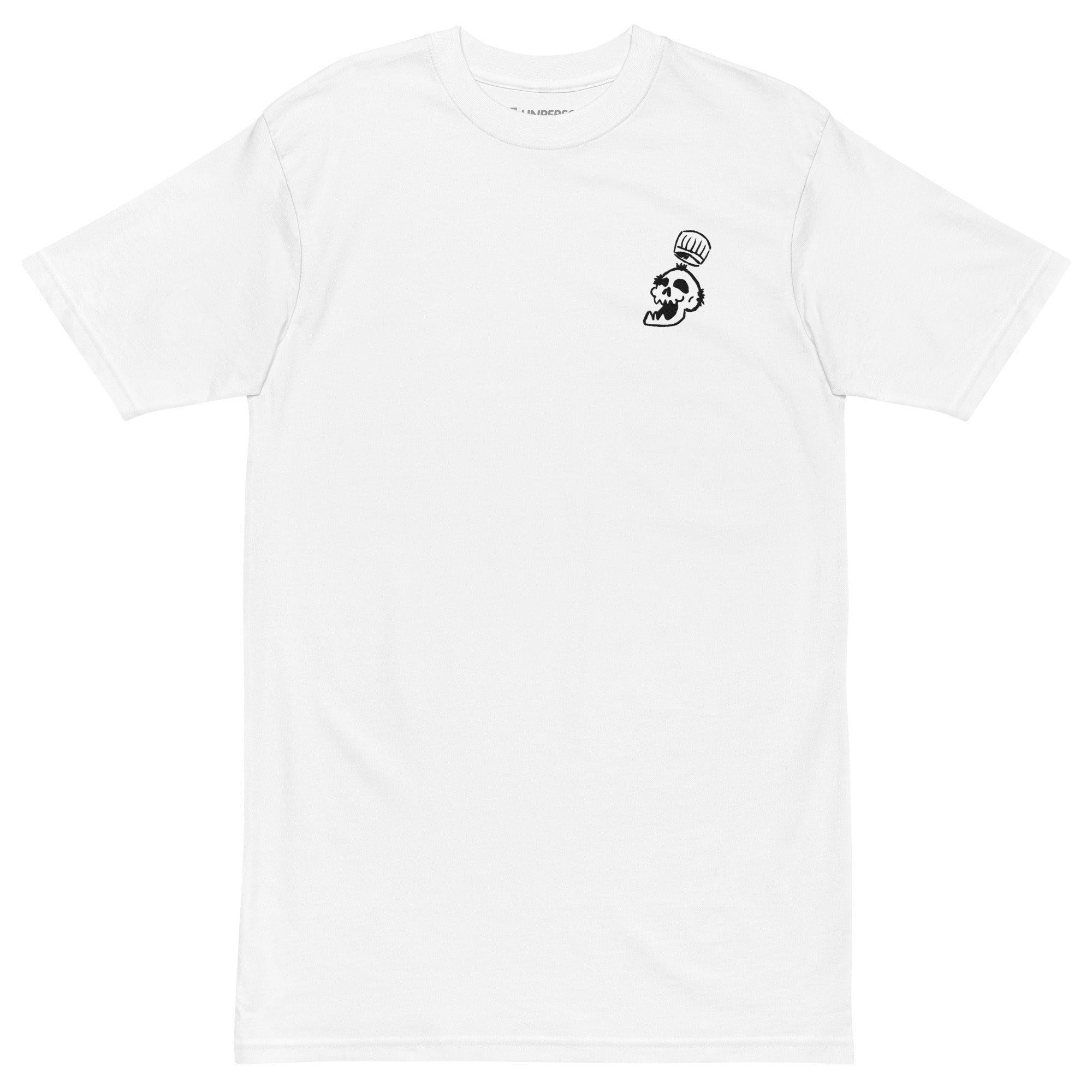 The Service Skull Tee in white, showing the high-density black embroidery on the chest.