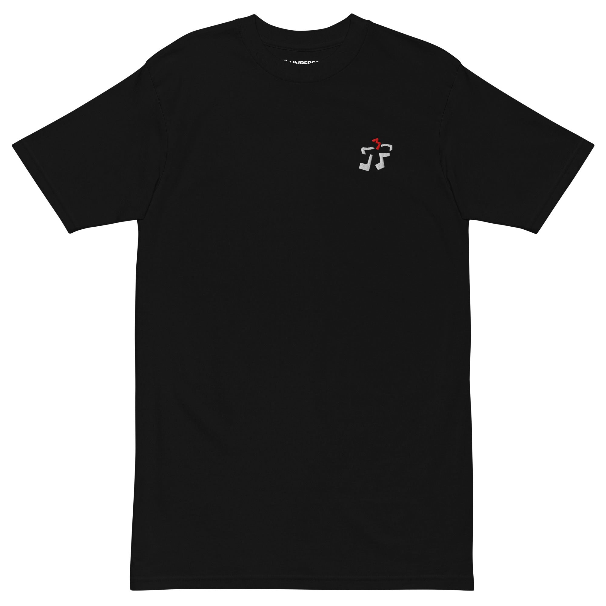 The Swing Feel Tee in black, showing the high-density white embroidery on the chest.