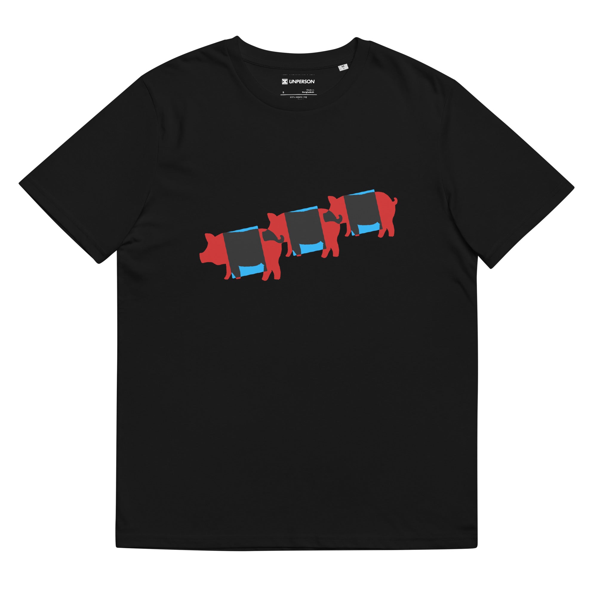 The workpig tee in black featuring a minimalist graphic of pigs with blankets