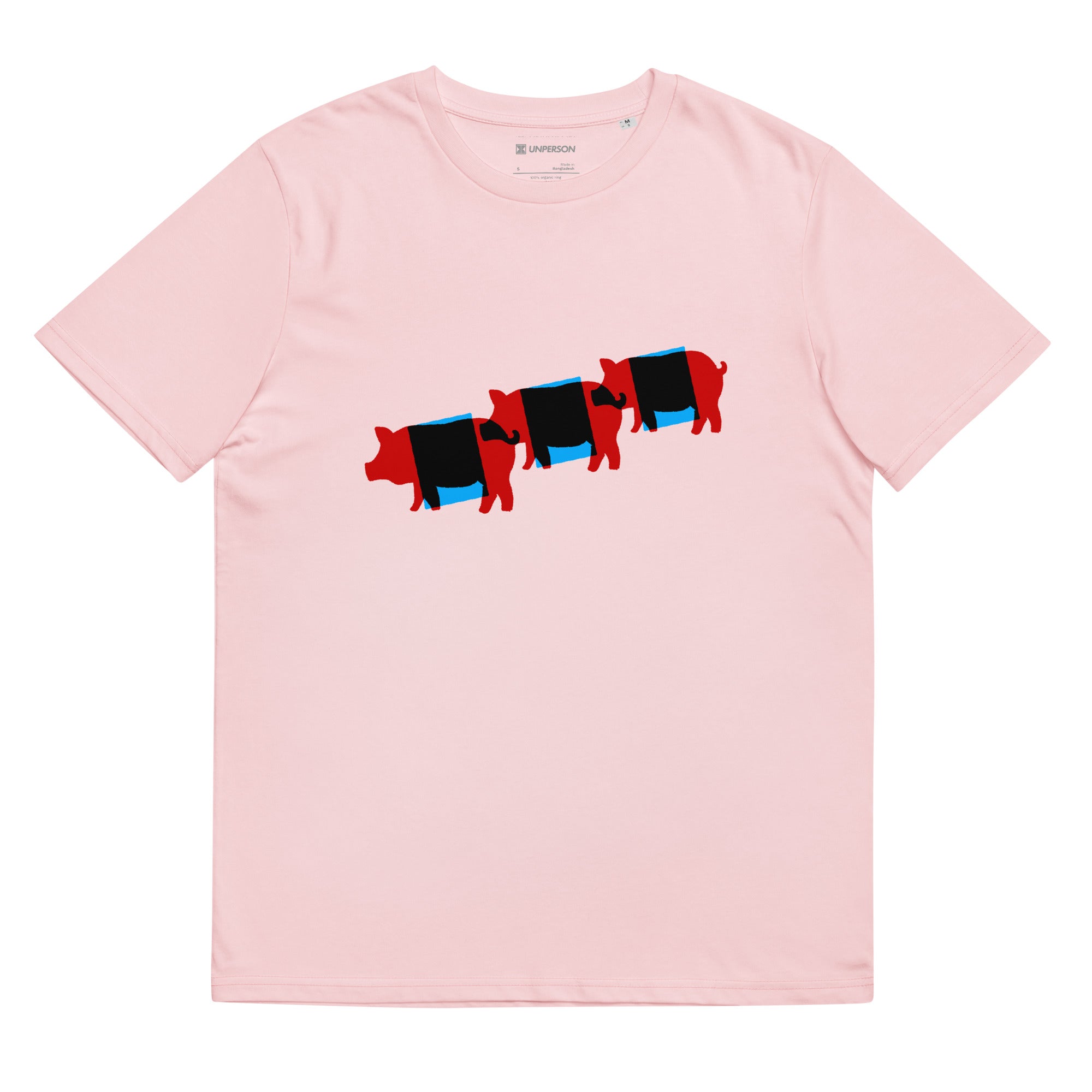The workpig tee in pink featuring a minimalist graphic of pigs with blankets