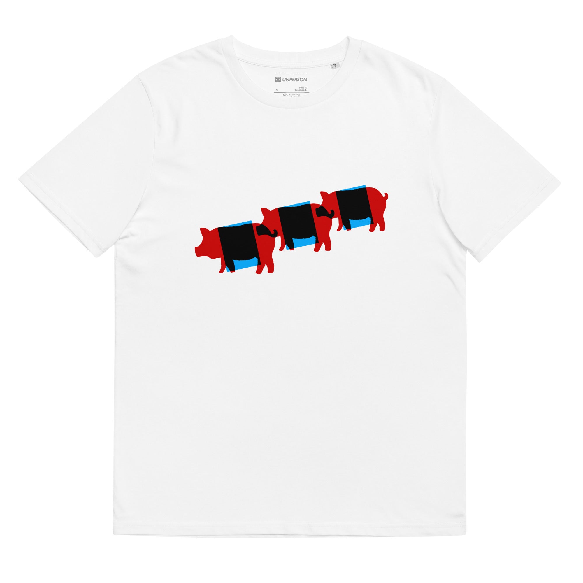 The workpig tee in white featuring a minimalist graphic of pigs with blankets